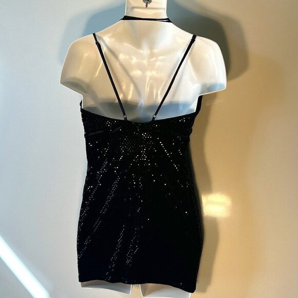 DO+BE SZ M Black Stretch Bodycon Halter Cutout Sequin Velvet Dress sexy club Y2K - Picture 5 of 9